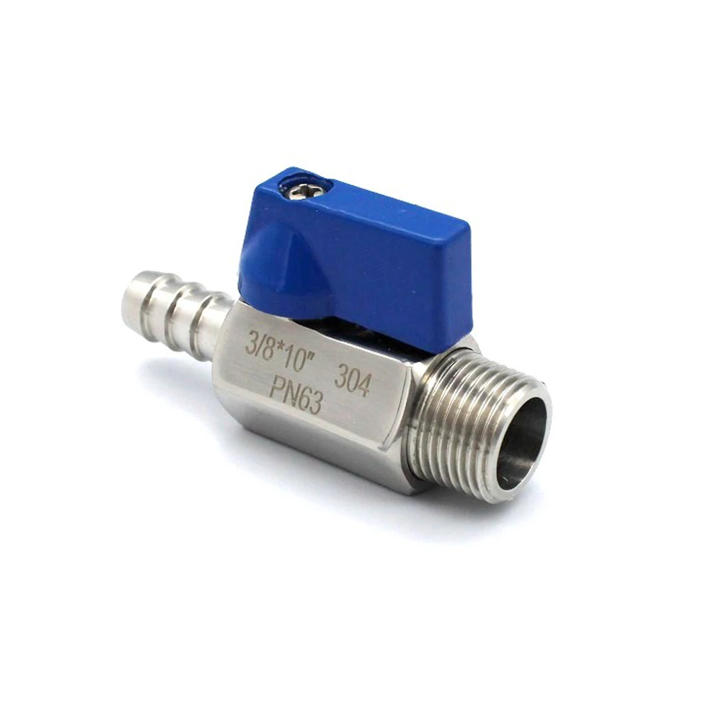 304 Stainless Steel 1/8 1/4 3/8 1/2 BSP x 7/8/10/12mm Hose Barb Mini Sanitary Ball Valve Homemade Pipe Fittings With Blue Hanlde