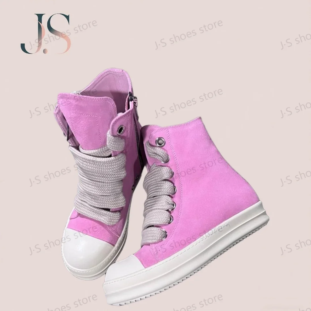 

R-o Men Shoe Pink Suede Ankle Boot Outoor Boots High Top Casual Shoes Leather Zipper Women Sneaker Design Cowhide Flat Sneakers