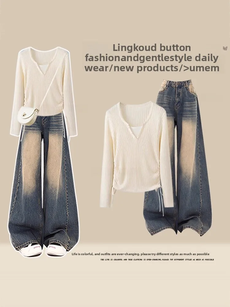 

Korean Sle High Waist Wide Leg Jeans And Knitted Top Two-Piece Set for Women Spring Autumn Casual Pure Color V-Ne Long Sl...