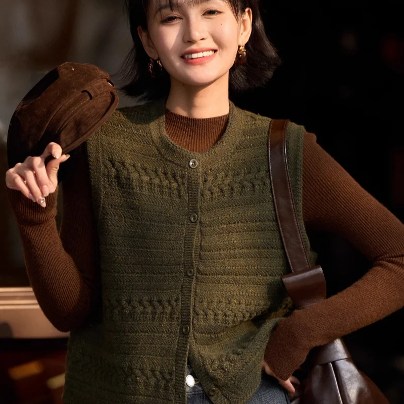 Birdtree، 90% صوف الأغنام 10% سترة الكشمير، سترة نسائية محبوكة برقبة دائرية، صدرية واحدة، صدرية خريف وشتاء 2025 T5N720JF #3