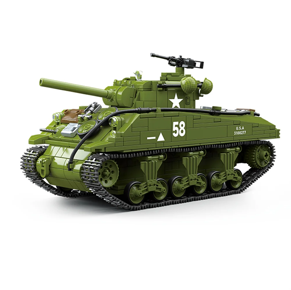 WW2 Military Army Soldiers World War 2 M4A3 Sherman Medium Tank Model MOC DIY ​Building Blocks Bricks Toys For Children