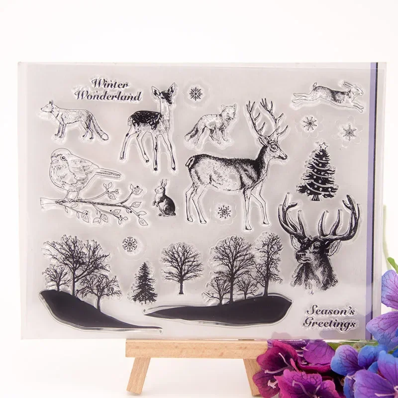 Clear Stamps for Card Making, Elks Deers Forest Theme Transparent Silicone Stamps for DIY Scrapbooking Card Album Decor T1190