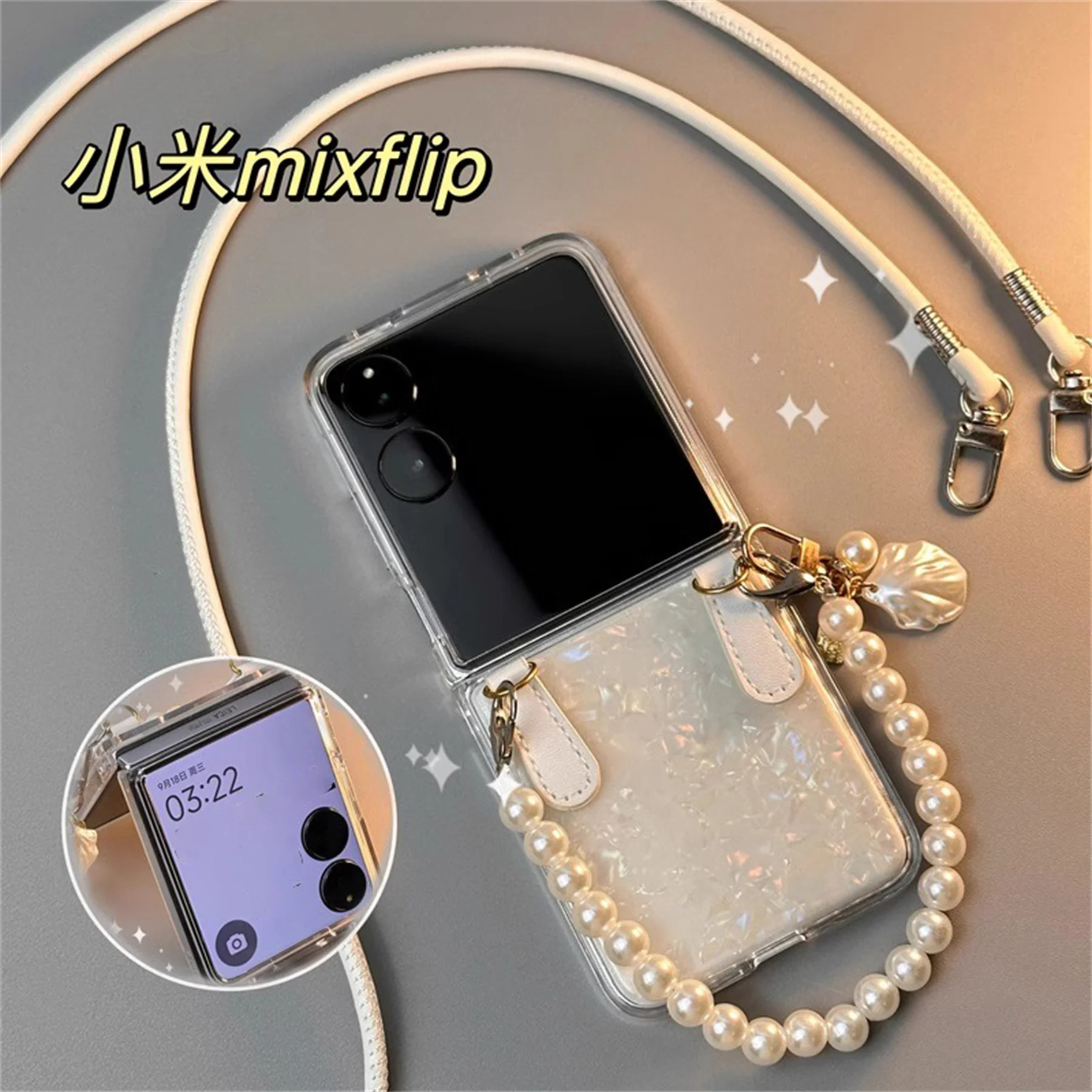 Coque de téléphone de luxe à motif de coquille coréenne, avec pendentif, chaîne de Bracelet en perles, pour Xiaomi MIX Flip2 mixflip, couverture arrière rigide Coque de téléphone de luxe à motif de coquille coréenne, avec pendentif, chaîne de Bracelet en perles, pour Xiaomi MIX Flip2 mixflip, couverture arrière rigide