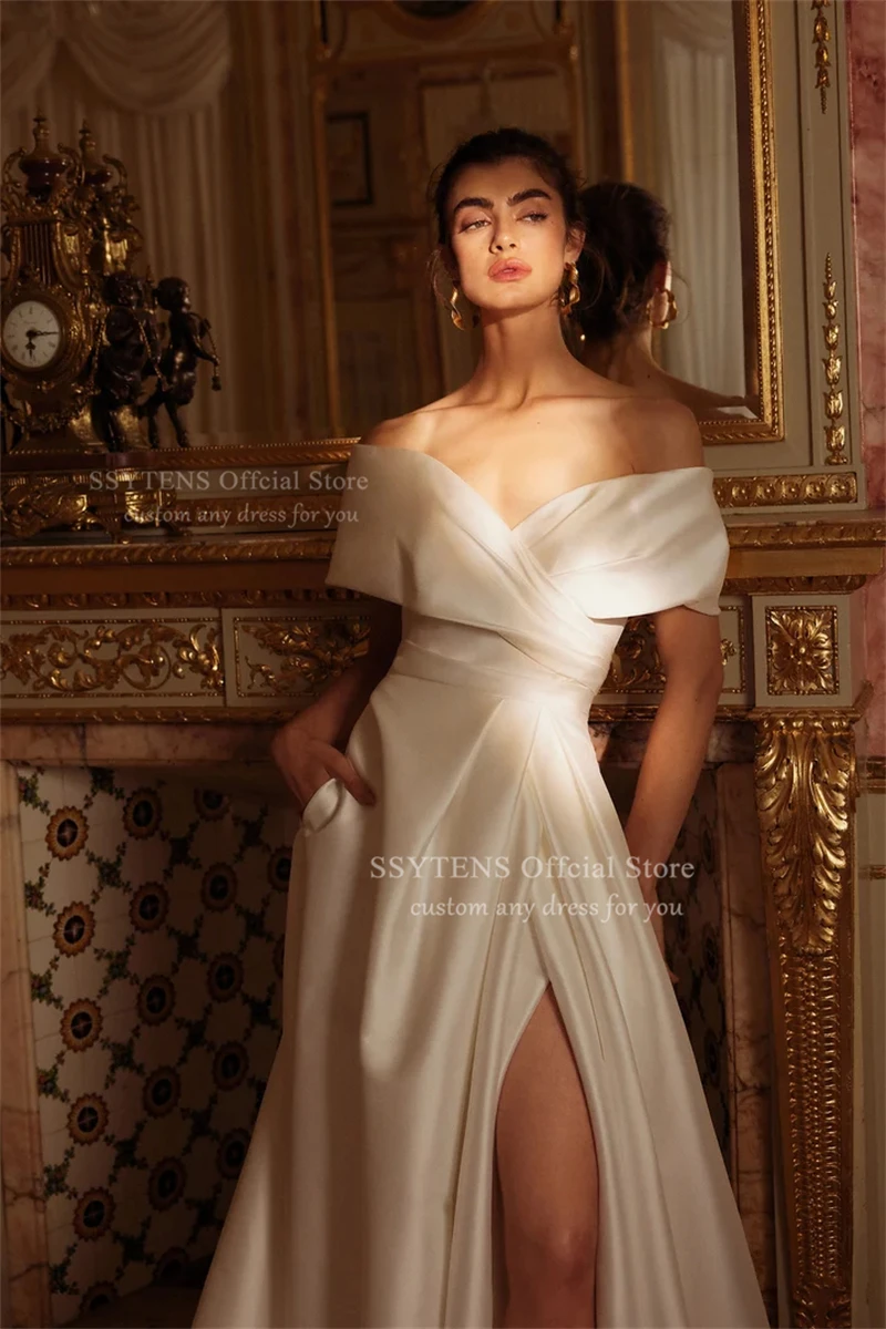 SSYTENS Elegant Off the Shoulder Wedding Dresses Floor Length Bride Dress Side Slit Good Quality Satin Bridal Gowns Customized