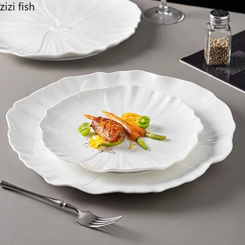 Pure White Flower Shape Ceramic Shallow Plate Steak Salad Plate Dessert Dish Sashimi Plate Molecular Cuisine Creative Tableware