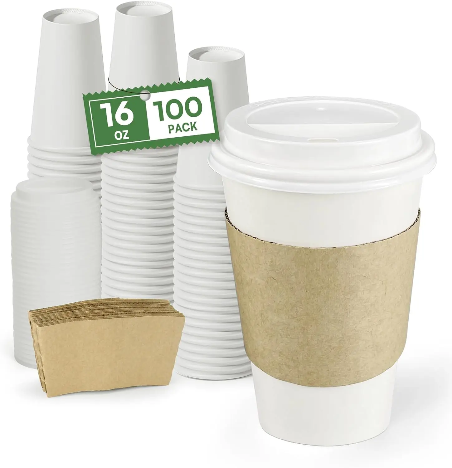

16 oz Disposable Paper Coffee Cups with Lids and Sleeves, 100 Pack Leak-Proof To Go Hot Cups with Lids & Kraft Sleeves,