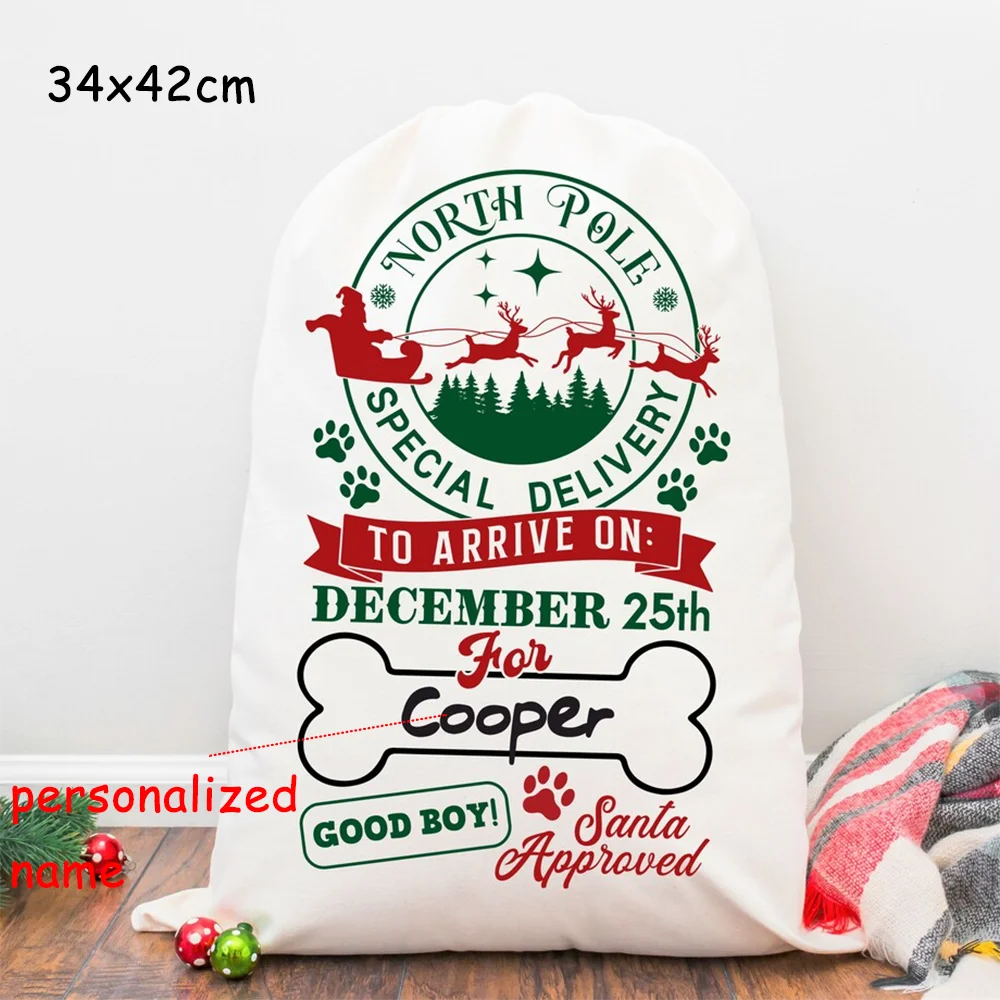 personalized 30x40cm Christmas gift bag custom name Dog Santa Sack christmas decoration gift for kids girl boy teen cotton pouch