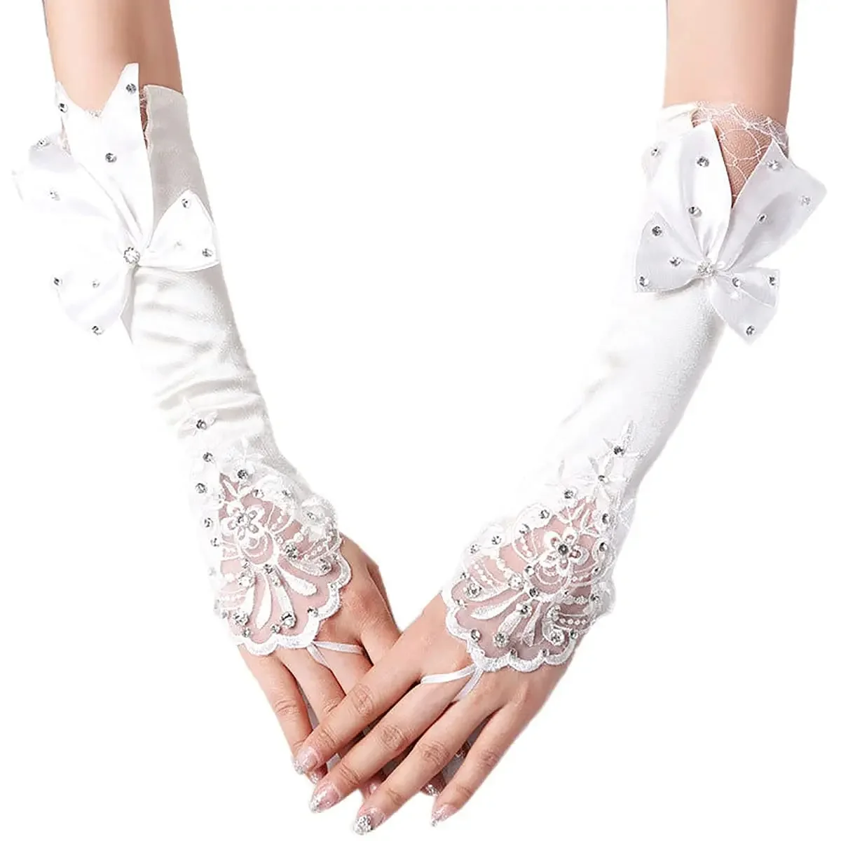 Satin Long Women’s Wedding Gloves Ivory Fingerless Lace Bridal Crystal Bow Flower for Bride Rhinestone Accessory
