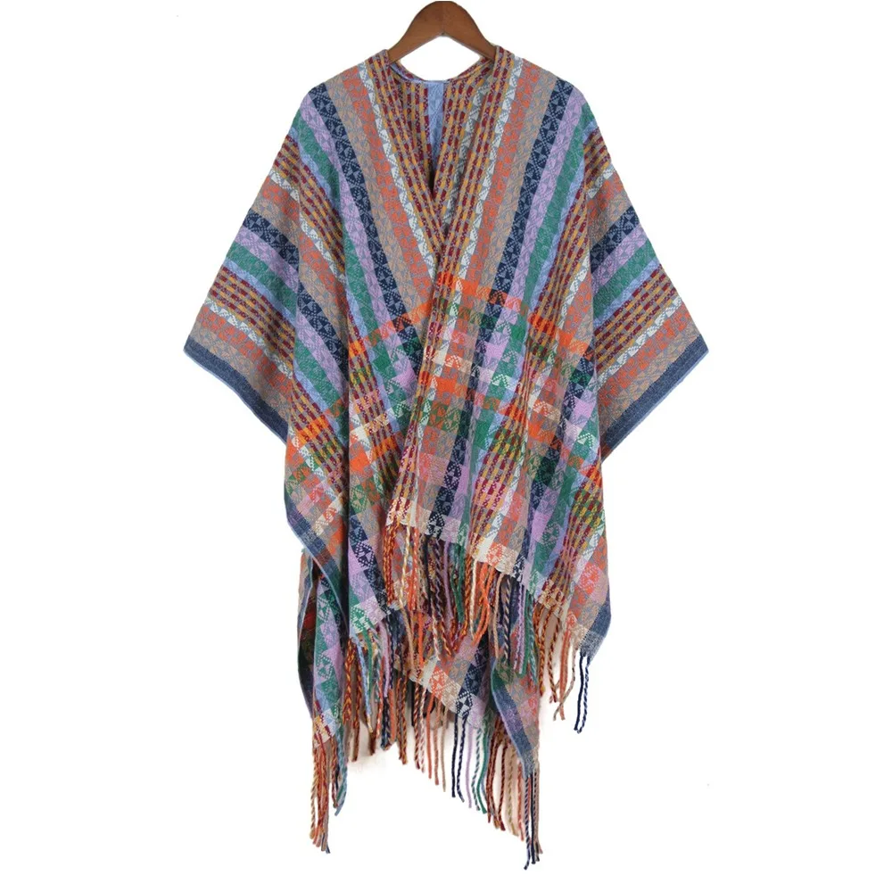 Elegant Bohemian Mongolian Poncho Ethnic Style Keep Warm Stripe Tassel Shawl Gradient Color Winter Knitted Cape for Women