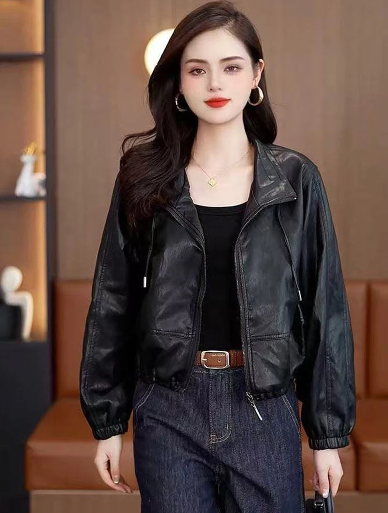 Chic Black Women Faux Leather Jacket Zip Up Lapel Collar Drawstring Hem Loose Oversized Pockets Streetwear Moto Outerwear Top