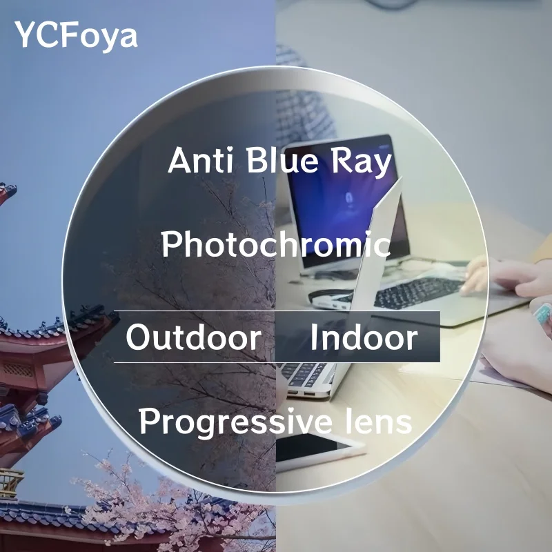 

YCFoya 1.56/1.61/1.67/174 Anti Blue Ray Photochromic UV Protection Wide Field of View Free-form Progressive Multifocal lenses