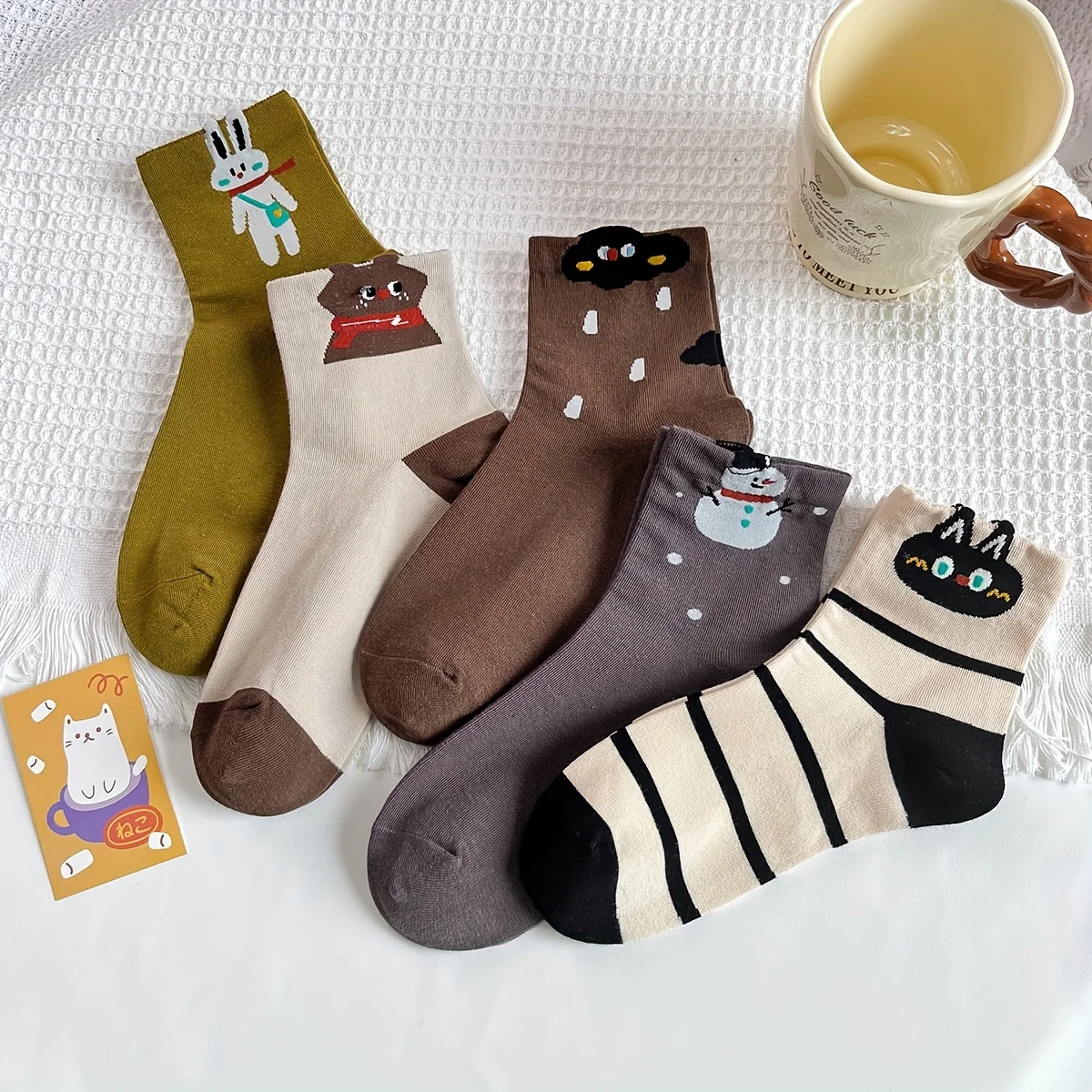 5 Pairs Cute Animal Rabbit Snowman Bear Pattern Socks Spring Autumn Casual Breathable Mid-Calf Girls Long Socks Multicolor