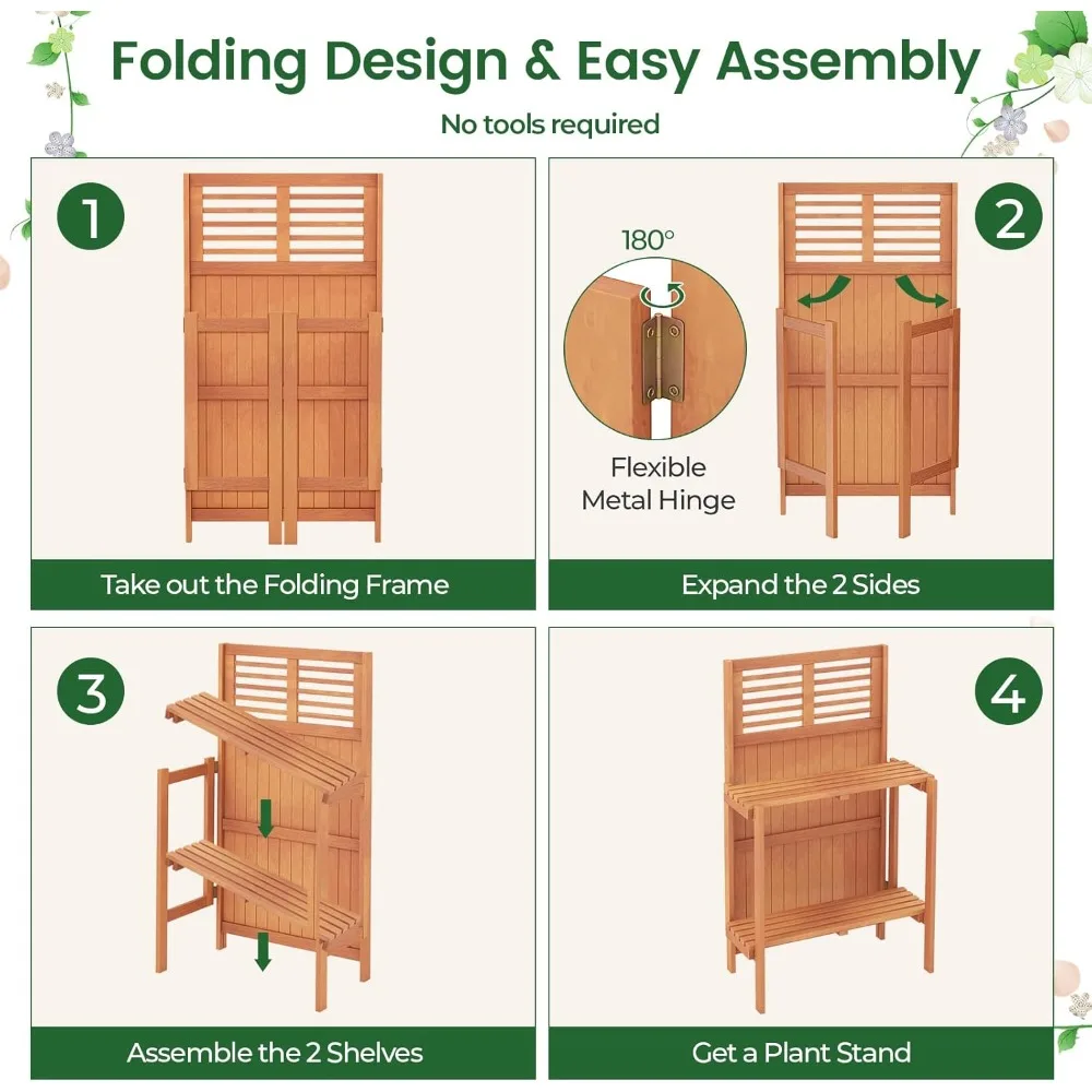 مقعد قابل للطي بطبقتين مع أرفف تخزين، محطة عمل خشبية للبستنة الخارجية للشرفة والساحة #3