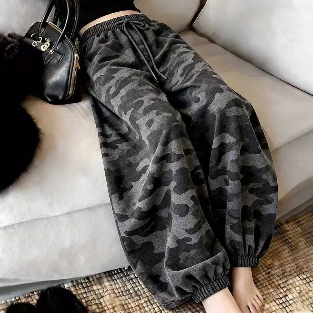 Women's Camouflage Wide Leg Pants Drawstring Waist Loose Straight Casual Sports Trousers Elastic Waist Summer Fashion