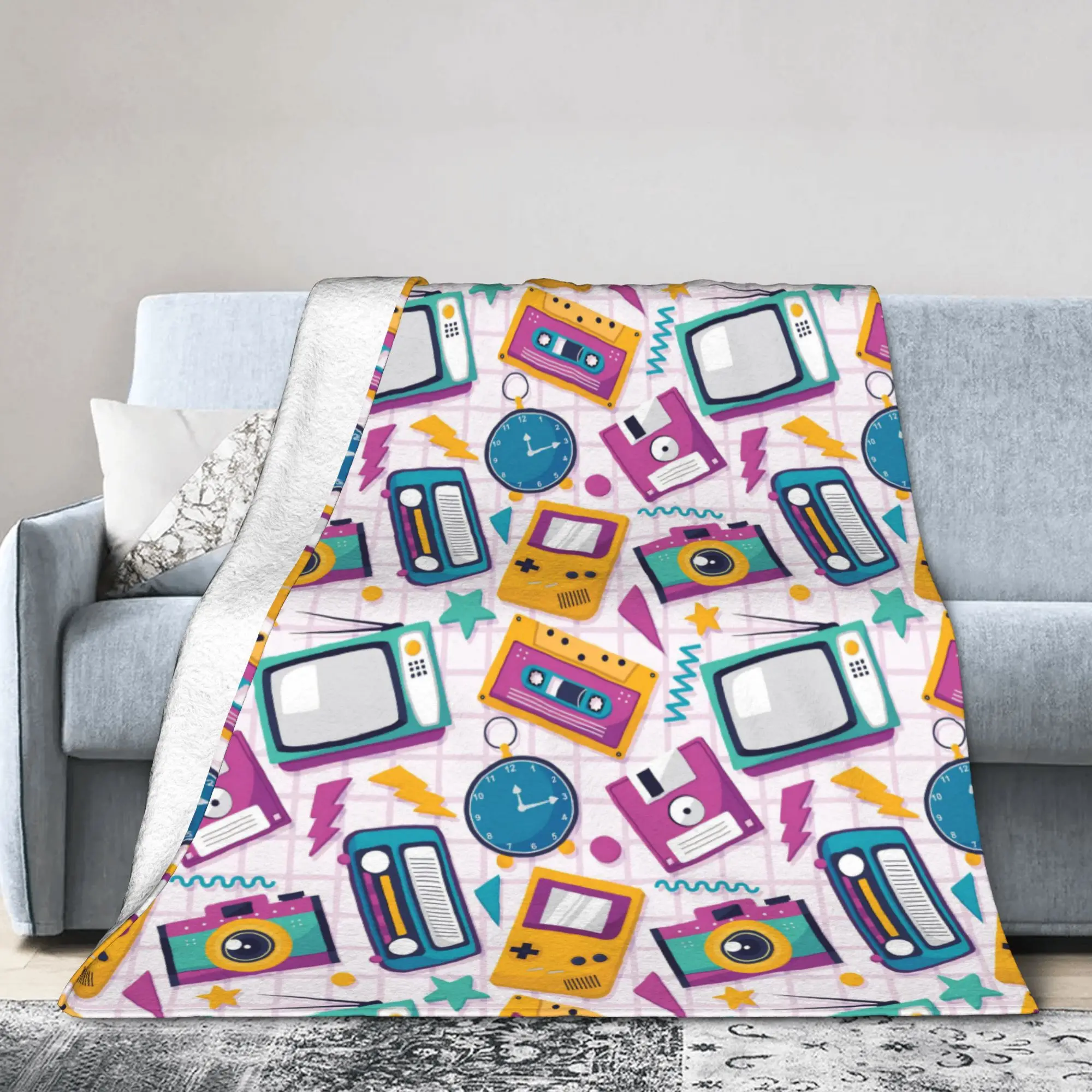 80s 90s Retro Cassette Tape Boombox Fuzzy Blankets Music Fashion Bedding Throw Blanket for Sofa Soft Gift Portable