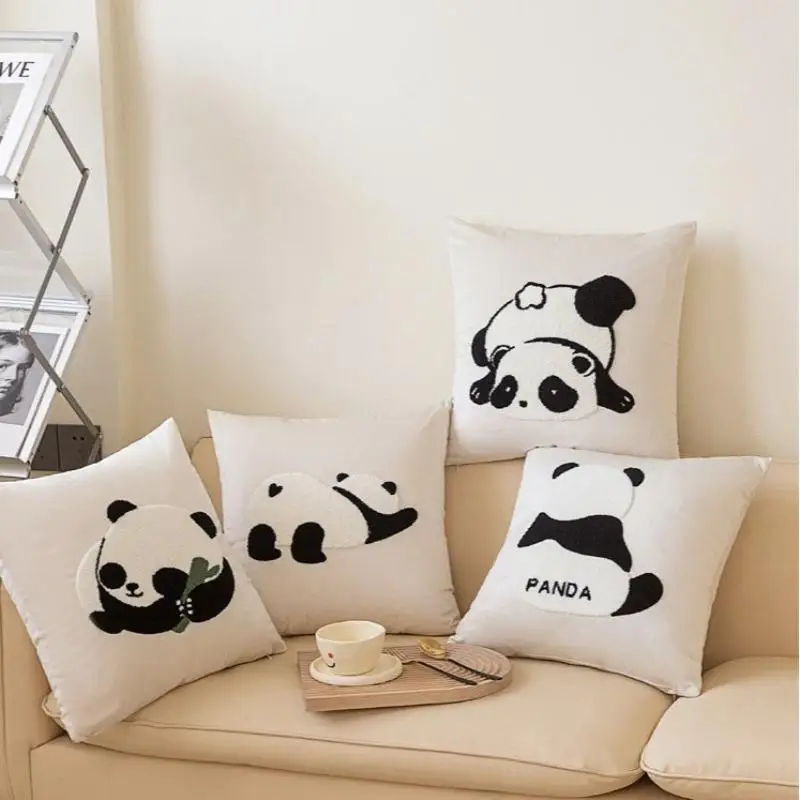 Elegant Embroidered Panda Cushion Pillow Cover Modern Black White Pandas Sofa Cushion Case Cute Fresh Home Decor Soft Pillowcase