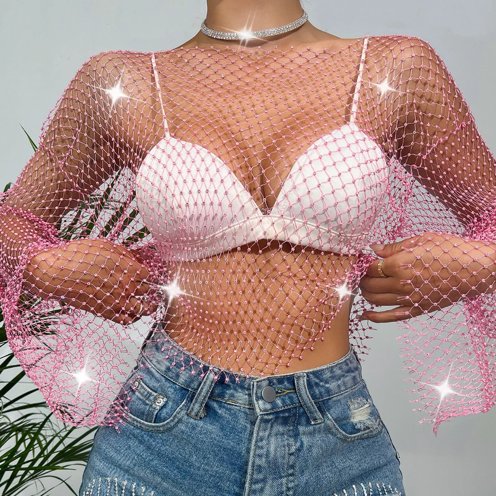 Sexy Shiny Top Hollow Out See-through Clothes 2023 Summer Explosive Models Grid Flash Diamond Women\'s T-shirt Tops