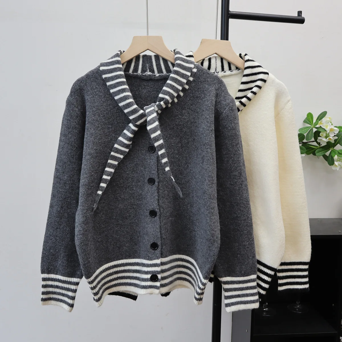 

Striped Scarf Collar Knitted Cardigan For Women Spring Autumn Soft Splicing Sweater Jacket Korean Fashion Female Knitting Coat