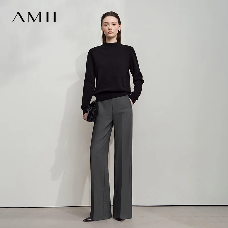 AMII 2025 الخريف بنطال ذو قصة أرجل واسعة بساطتها الصلبة أنيقة مكتب سيدة سليم السراويل الطويلة عادية فضفاض الأعمال بنطلون 12543034