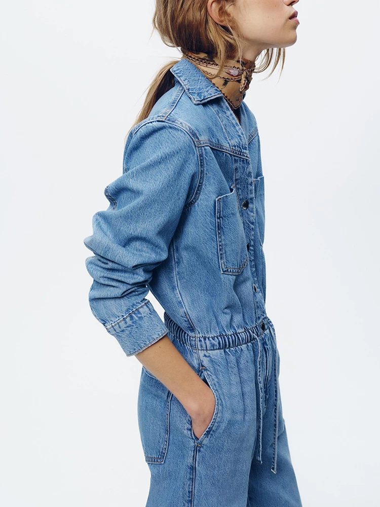 

Faionable Long Sve Collared Denim Overall Pants Women's New Arrival Autumn Season Adjustable Waist Design ZA2025