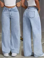 Jeans For Woman Y2k Clothes Light Blue Wide Leg Denim Pants Loose Fashion Simple Stretch Free Four Seasons Popular Casual 4