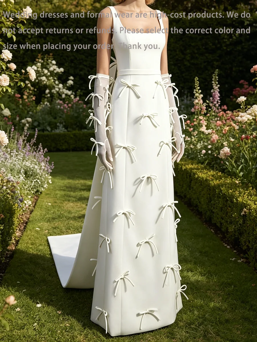 Classic Square Collar Satin Sleeveless Bow Sheath Straight Bride Wedding Dresses Bridal Gowns Customized