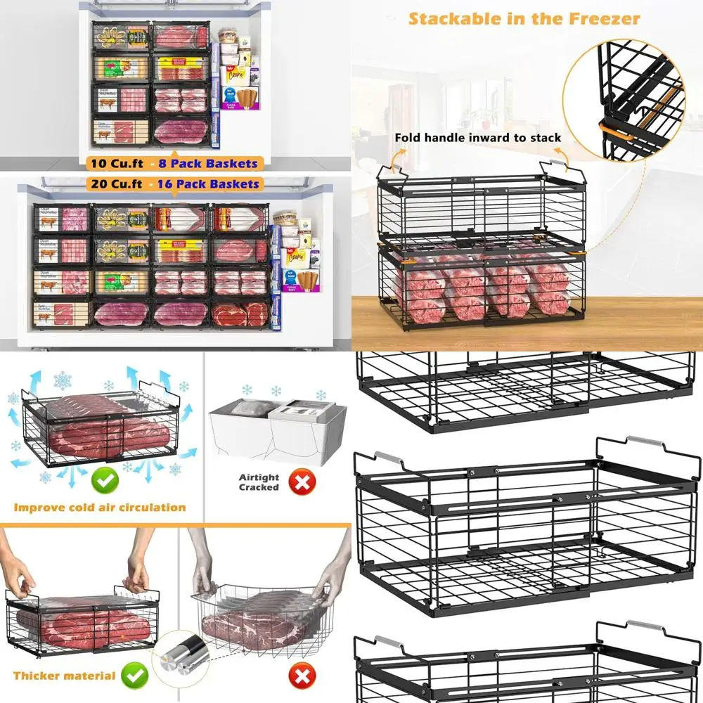 

Расширяемые штабелируемые сундуки для морозильной камеры, набор из 3 предметов с ручками, металлические корзины для хранения на кухне и кладовой — черный