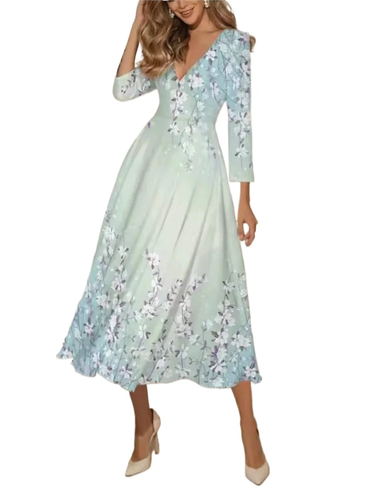 

Women's Elegant Floral Print Dress Fashion V Neck Long Sleeve Loose Dresses For Women Casual Party Skirts Womens Clothing Spring