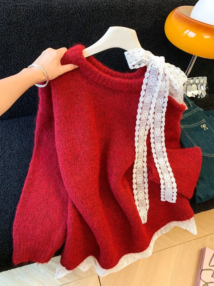 Retro laço vermelho nó oulder bared camisola feminina outono inverno doce preguiçoso sle solto macio malha irt