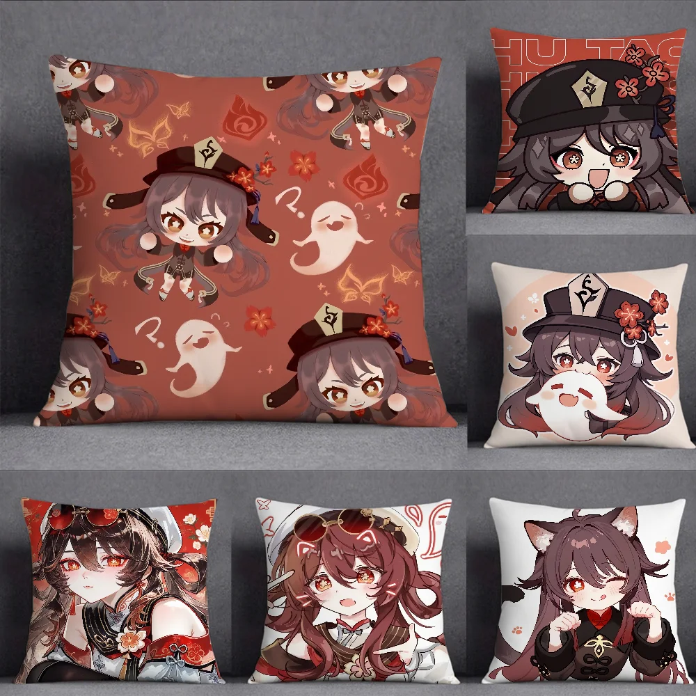 Hu Tao Genshin Impact Cute Cushion Cover Square Double-Sided Printing Sofa Cushion Cover Pillowcase Bedroom Bedside