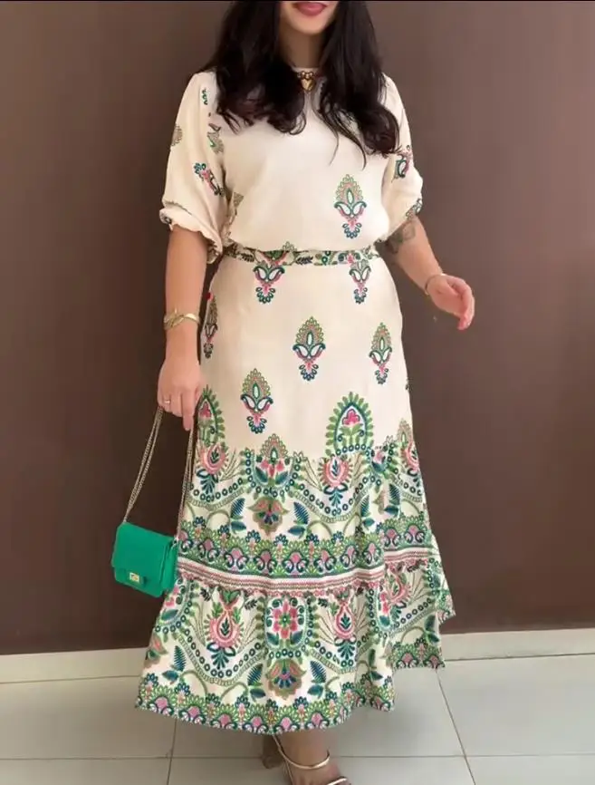 

Two Piece Set Women Outfit 2025 Summer New Fashion Tribal Print Short Sleeve Top & Casual Daily Ruffles Hem Long Skirt Set