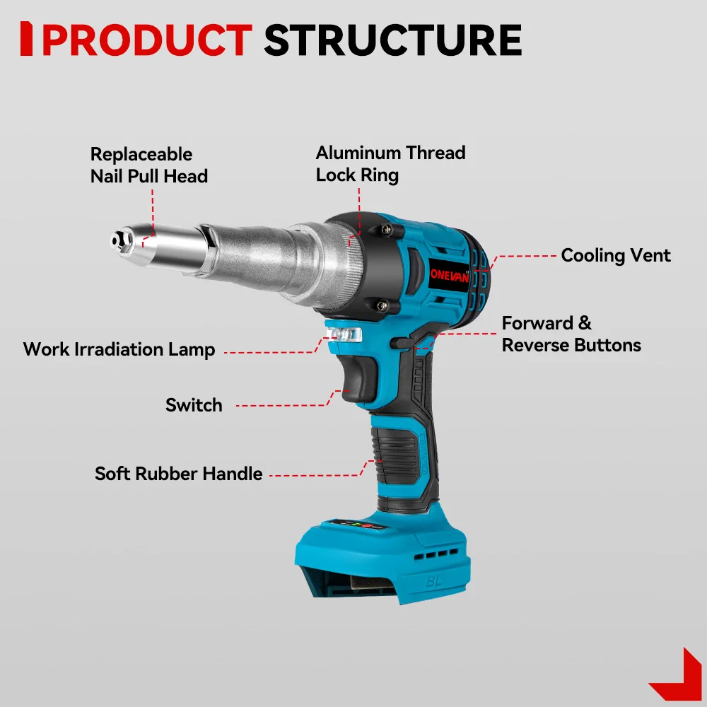 ONEVAN 20000N Cordless Brushless Electric Rivet Gun 2.4-5.0mm Rivet Nut Gun Tool High Power Lightweight For Makita Battery Pin