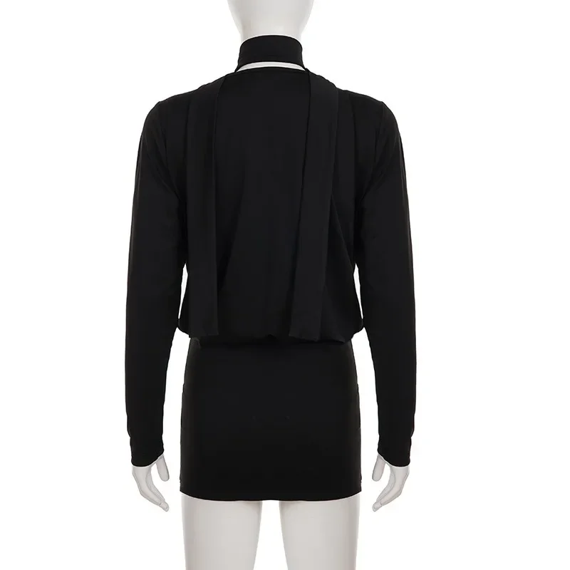 Mini robe moulante Sexy avec ruban écharpe pour femmes, col oscillant élégant, manches longues, dos nu, hanches pêche, moulante, fête, Clubwear