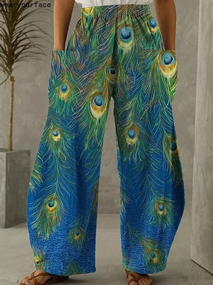 Small Peacock Feather Full Length Wide Leg Pants 3D All Over Print Hipster Fashion Summer Streetwear Sweatpants Women Clothing