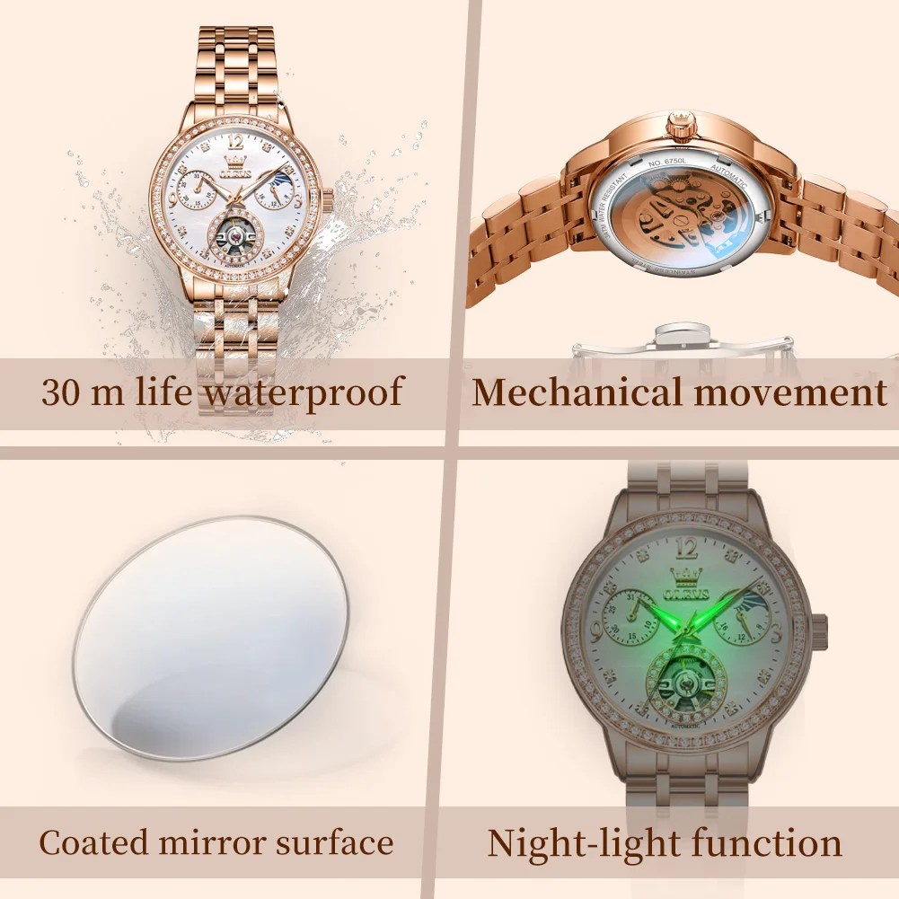 OLEVS Women's Watches Top Brand Luxury Fashion Fine Steel Original Automatic Mechanical Wristwatch Necklace Bracelet Gift Box view 6