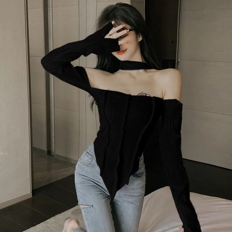 Off Shoulder  Long Sleeve Top Tee Shirt Femme Y2K Clothes Green Tops Mujer T-shirt Black Sexy Funny T Shirts Women Cropped