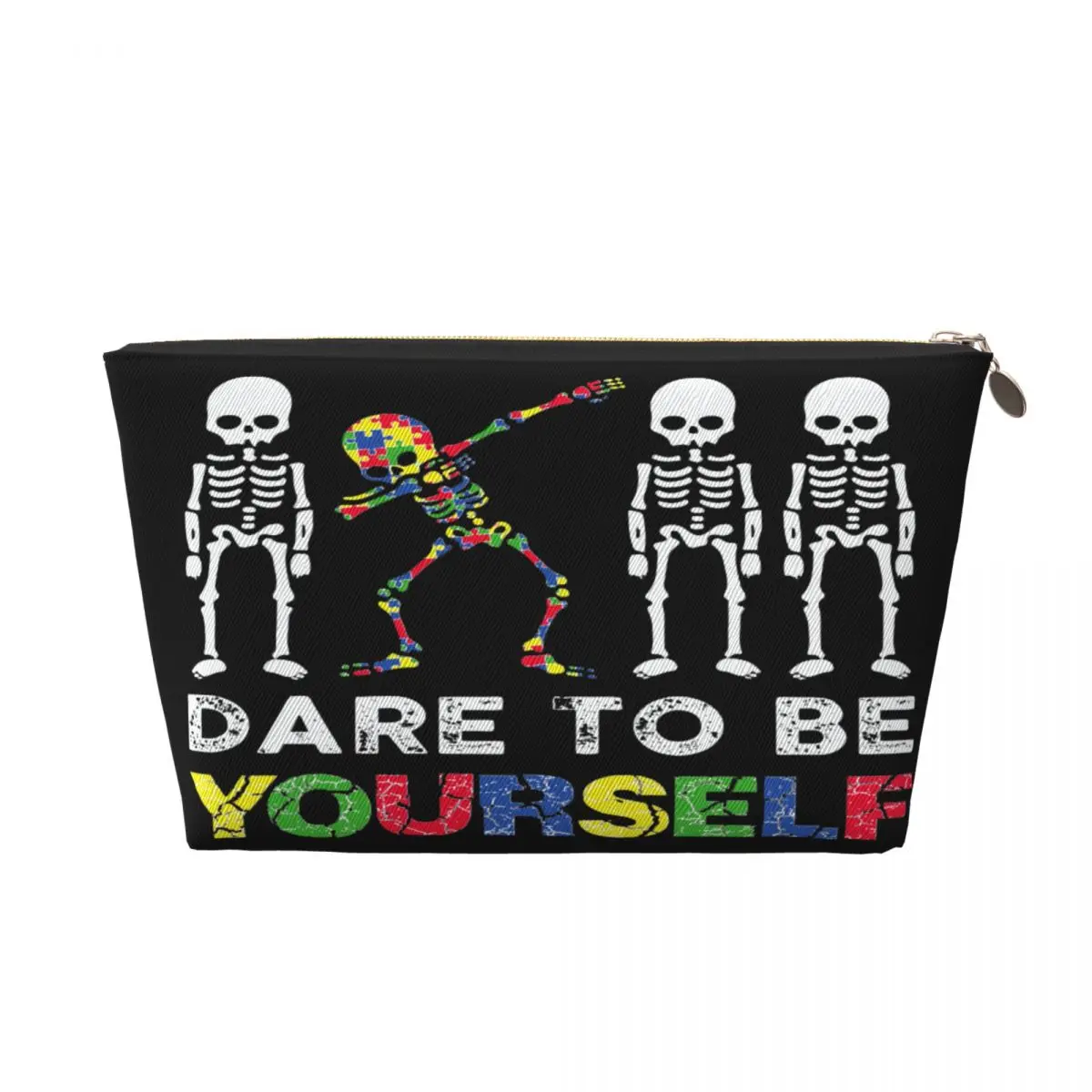 Custom Dare To Be Yourself Skeleton Dabbing Autism Awareness Cosmetic Bag Makeup Case Beauty Storage Toiletry Bags