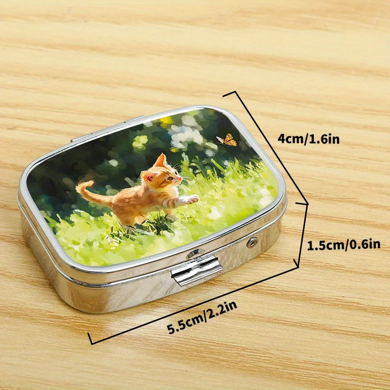 Little Cat 97 Novelty Pattern Square Metal Pill Box with Two Compartments, Small Portable Pill Box Suitable for Outdoor Activities or as a Personal Pill Organizer for Bags, the Printed Area May Vary