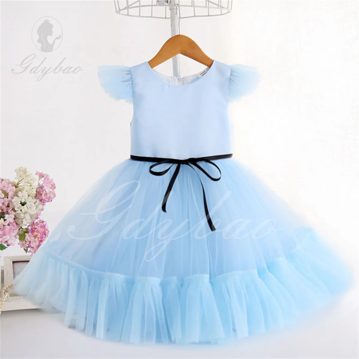 Toddler Girl Flower Birthday Tulle Dress Backless Bow Wedding Gown Kids Party Wear Princess Blue Dress Baby Girl Bowknot Dresses