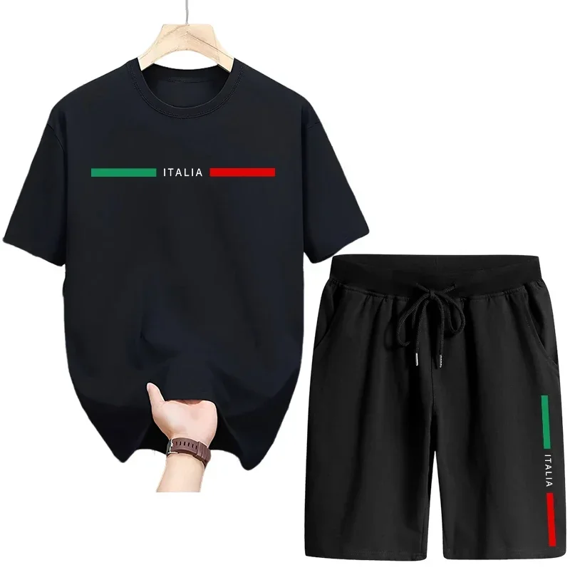 

Качественный мужской спортивный костюм 2026: модный летний комплект с принтом, повседневные мужские костюмы, футболки из чистого хлопка с коротким рукавом, спортивные брюки-шорты (пятиштучные)