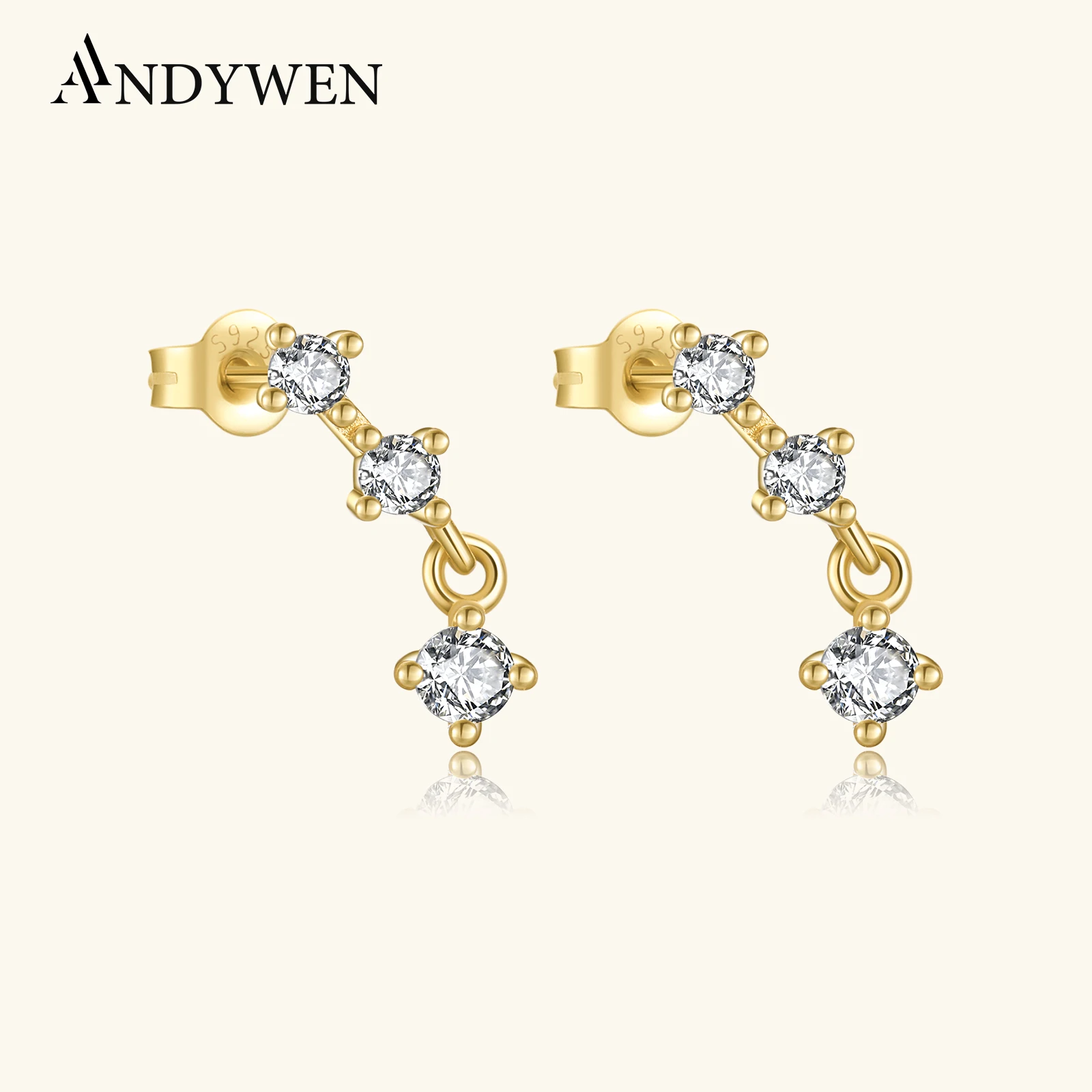 

ANDYWEN 925 Sterling Silver Gold Isabella Three CZ Zircon Stud Earring Pendiente New 2025 Women Pin Fine Jewelry Gift