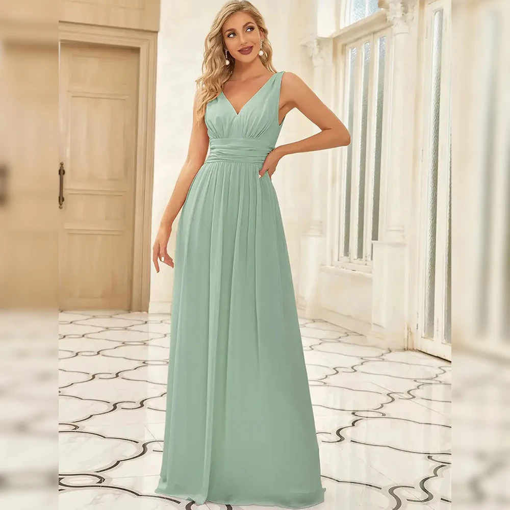 

BAZIIINGAAA Evening Dress Elegant Sleeveless V-Neck Pleated Lightweight Chiffon A-Line Floor Length Non-Stretch Evening Dresses