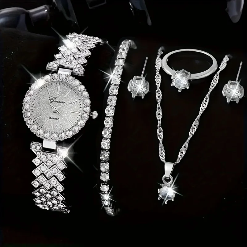 6pcs/set Dazzling Luxury Womens Rhinestone Quartz Watch & Jewelry Set - Glamorous Analog Wrist Watches for Moms,