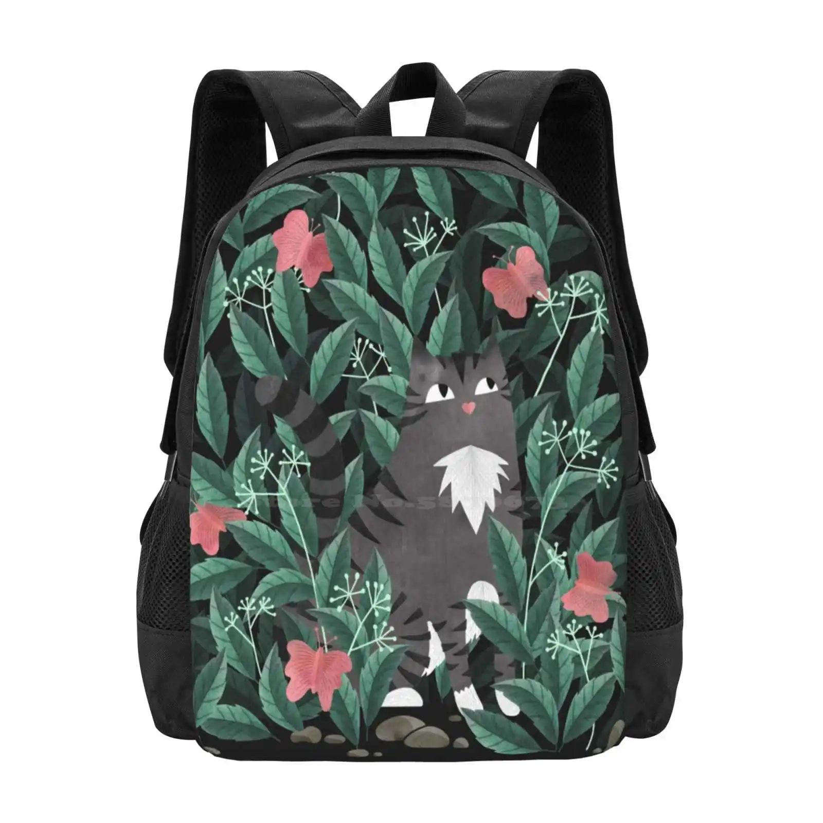 Butterfly Garden ( Tabby Cat Version ) Bag Backpack For Men Women Girls Teenage Tabby Tiger Pet Butterfly Nature Leaves Plants