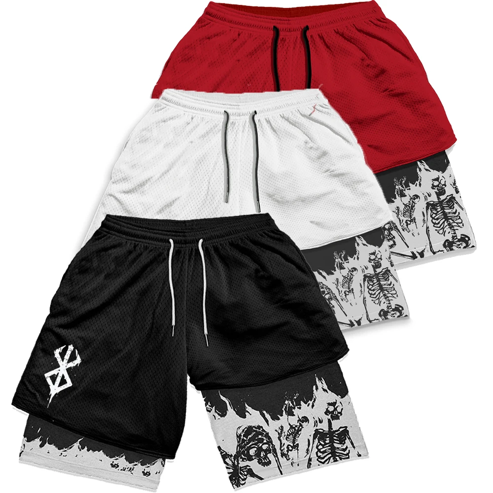 Berserk Anime Gym Shorts Men Fitness Sacrifice Print Y2K Performance Shorts 2 in 1 Quick Dry Athletics Short Pants Summer Male