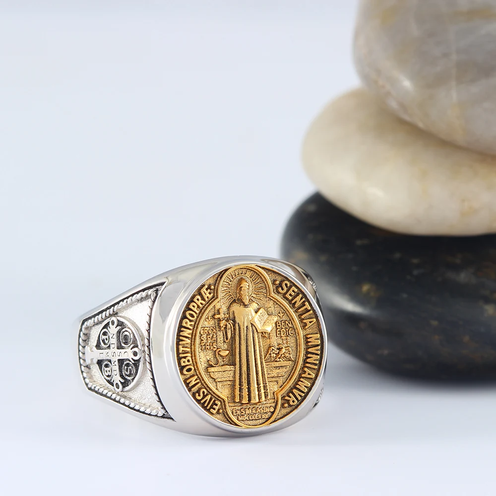 Saint Benedict Medal NDSMD CSSML EIVS IN OBITV NRO PRAE SENTIA MVNIAMVR Catholic Talisman Solid Sterling Silver Ring