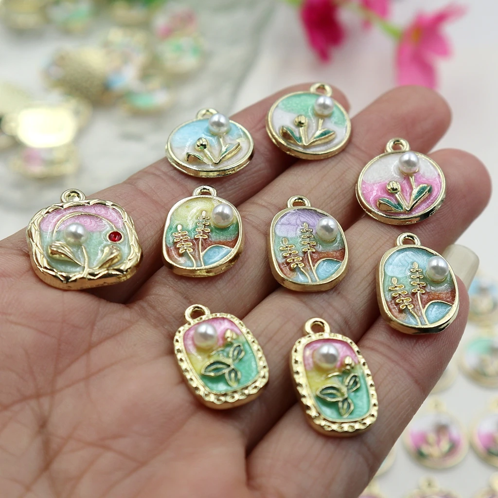 

10PCS Valentine Gift Artificial Pearl Relief Flower Alloy Pendant Metal Charms DIY Bracelet Necklace Keychain Jewelry Accessory