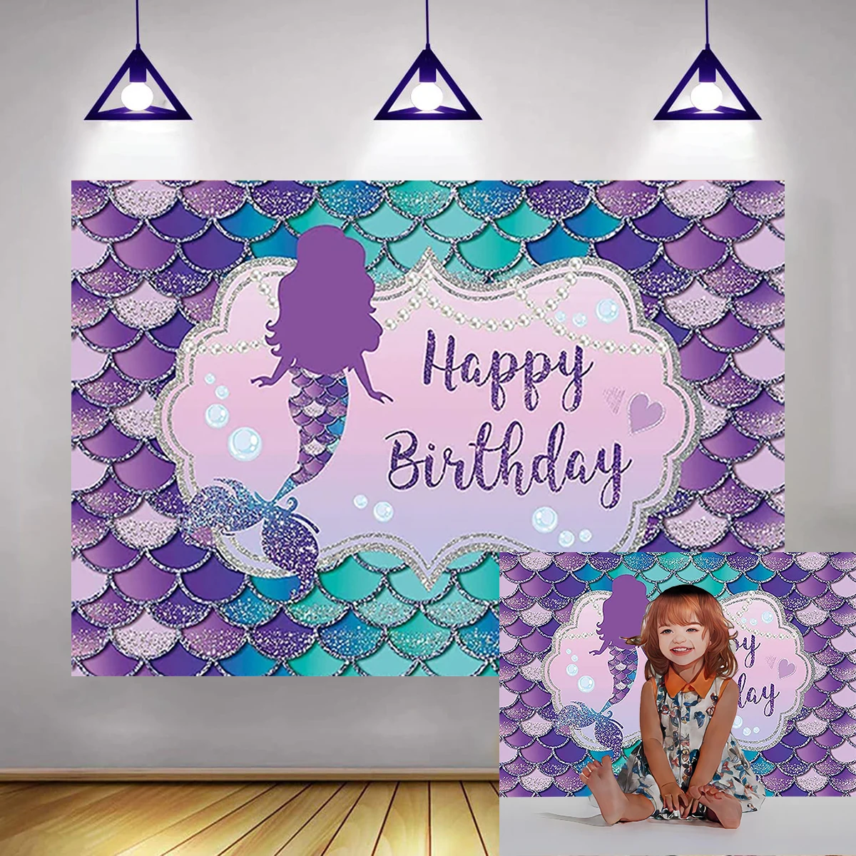 7x5ft Mermaid Backdrop for Girl Happy Birthday Party Under The Sea Background Glitter Blue Purple Scales Family Photography