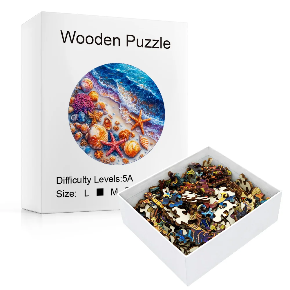 Puzzle de madera Shell Beach, rompecabezas de madera premium, elegante caja de papel, juguete rompecabezas de forma irregular, creatividad divertida, alivio del estrés