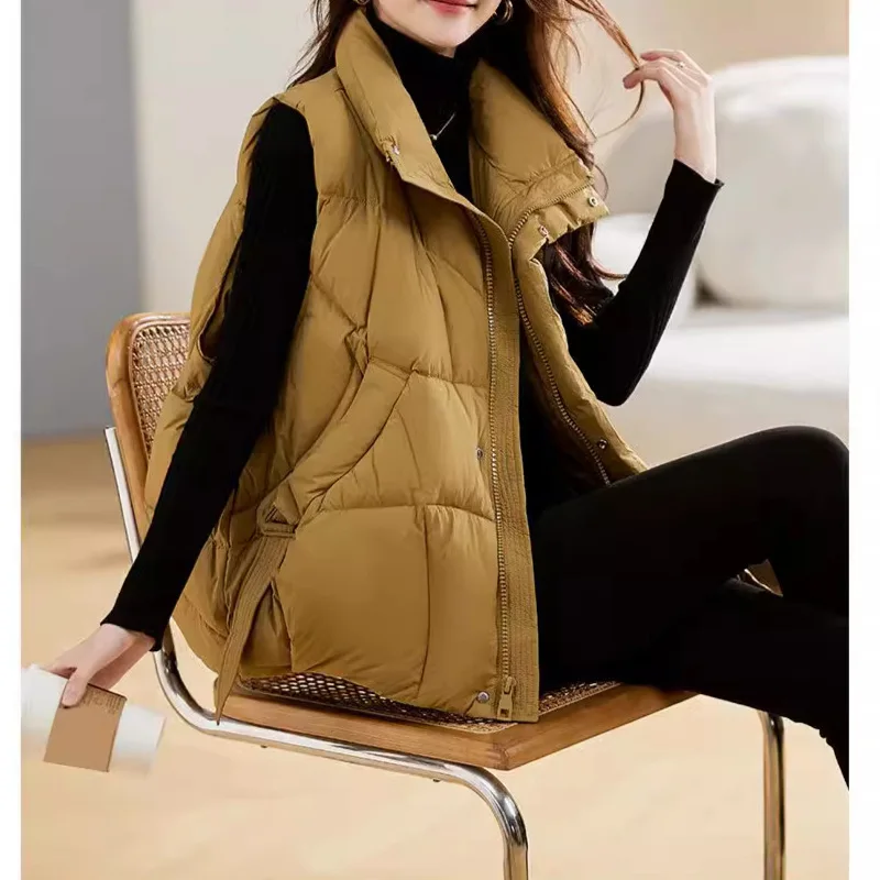 Down cotton jacket women 2026 light thin solid color pocket zipper short sleeveless vests women's cotton coat clothing